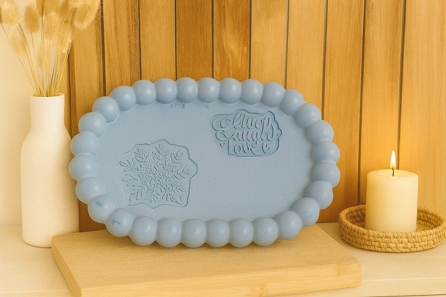 Bubbel Tablett Oval Blau mit Blumenstempel & Spruchstempel | Versiegeltes Dekotablett | Handgefertigtes Einzelstück | Schmuckablage