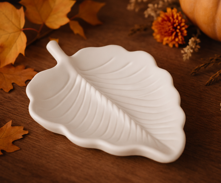 Handgefertigte große Keramikschale in Form eines Herbstblattes in Weiß als dekorative Schmuck- und Ablageschale für moderne Herbstdekoration.
