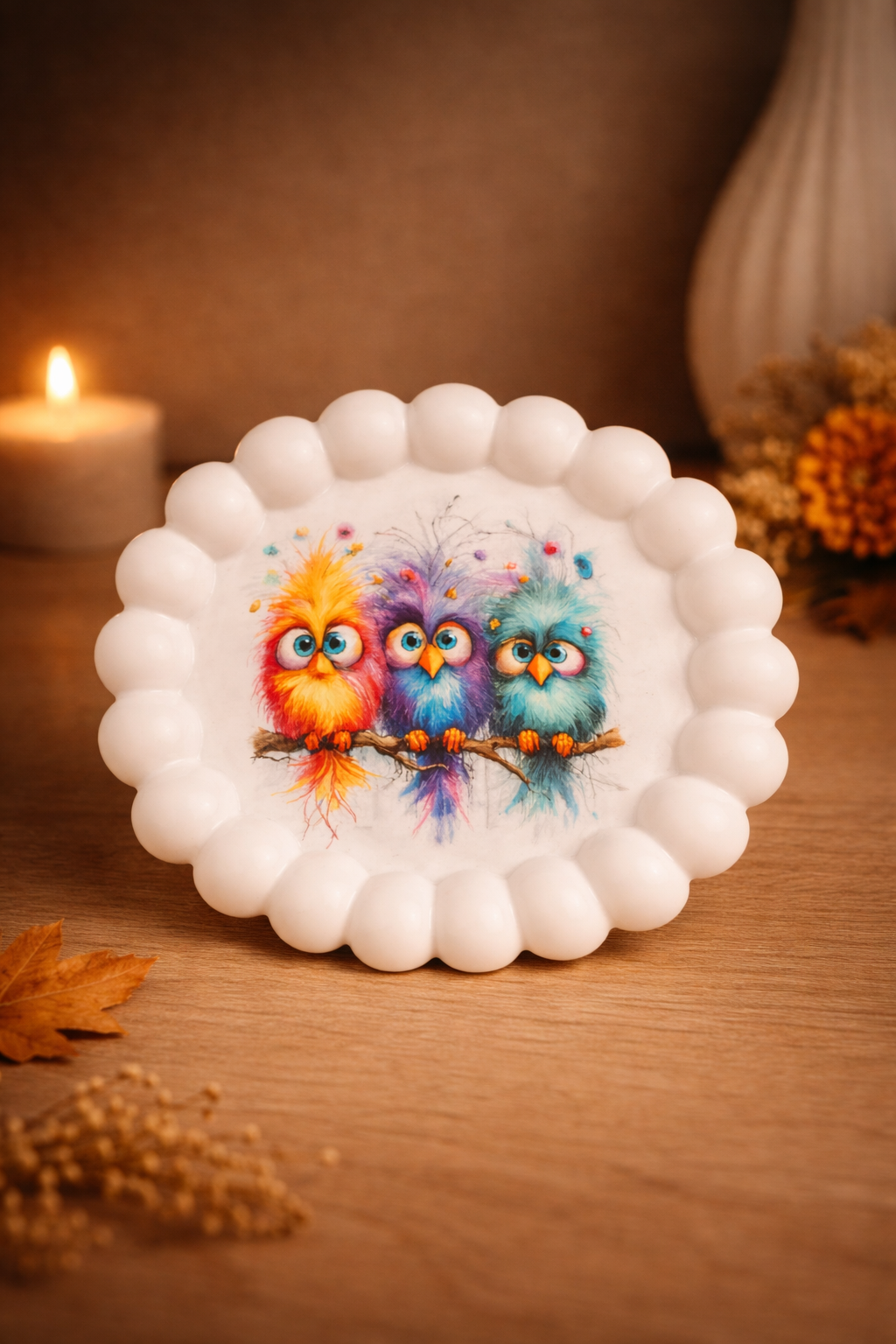 Bubbel Tablett rund mit bunten Vögeln – Keramik Deko Schale – Einzelstück – Handgemachte Wohnaccessoires – Geschenkidee