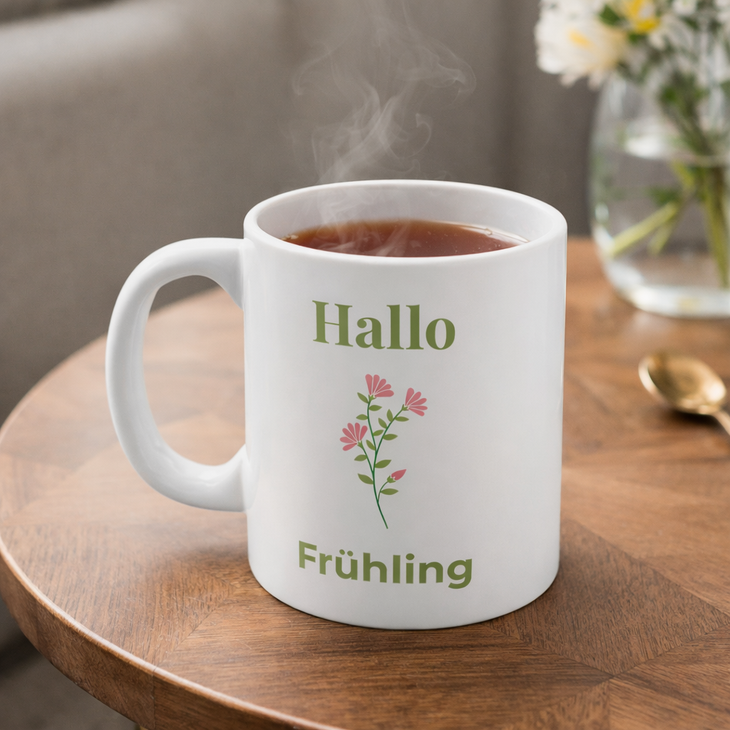 Weiße Keramiktasse mit dem Schriftzug „Hallo Frühling“ und einem zarten rosa Blumenmotiv – frühlingshafte 300-ml-Tasse für Kaffee oder Tee.