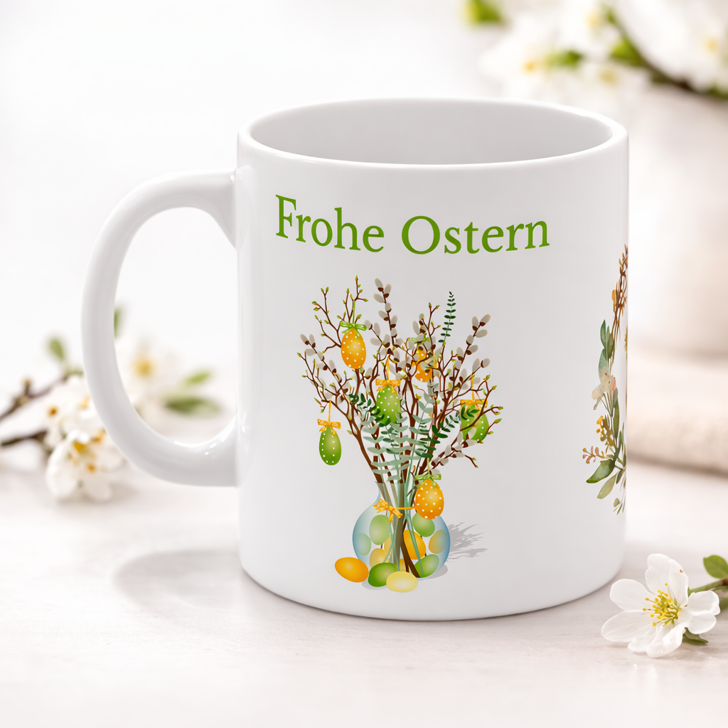 Weiße Keramiktasse mit dem Schriftzug „Frohe Ostern“, einem niedlichen Aquarell-Hasen mit Blumenkranz sowie dekorativen Osterzweigen mit bunten Ostereiern – 300-ml-Ostertasse.
