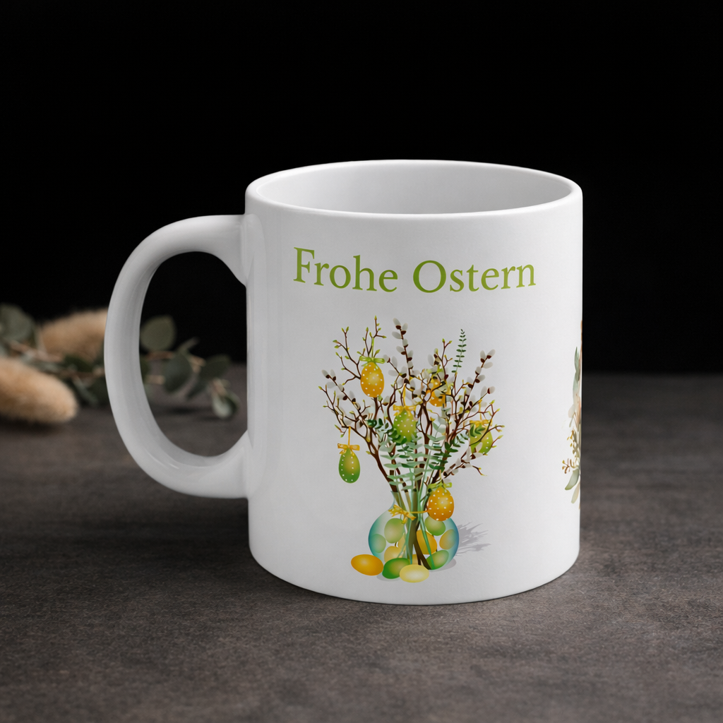Weiße Keramiktasse mit dem Schriftzug „Frohe Ostern“, einem niedlichen Aquarell-Hasen mit Blumenkranz sowie dekorativen Osterzweigen mit bunten Ostereiern – 300-ml-Ostertasse.