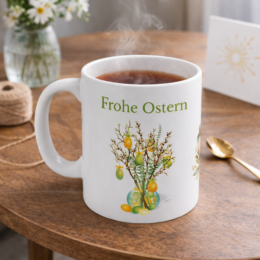 Weiße Keramiktasse mit dem Schriftzug „Frohe Ostern“, einem niedlichen Aquarell-Hasen mit Blumenkranz sowie dekorativen Osterzweigen mit bunten Ostereiern – 300-ml-Ostertasse.