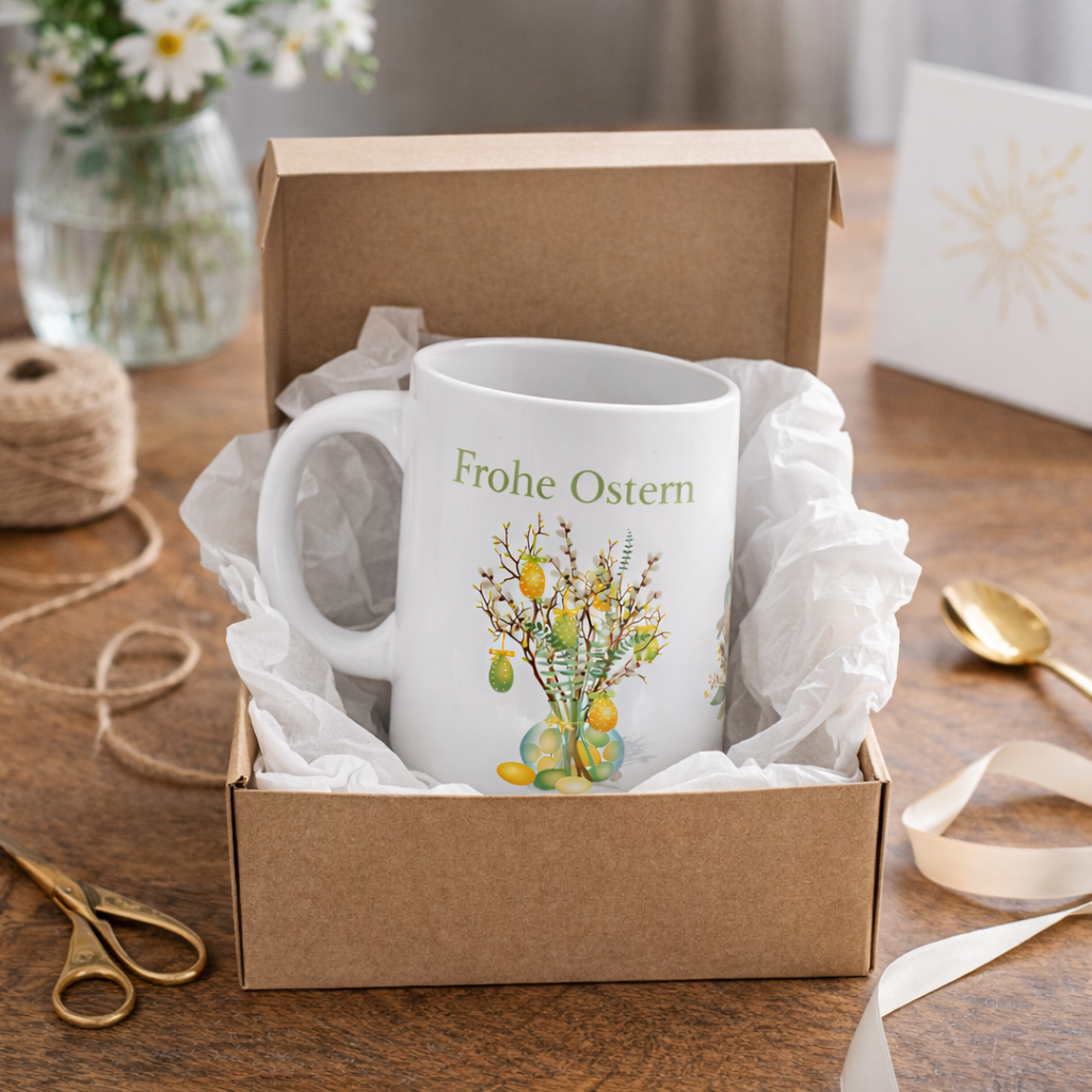 Weiße Keramiktasse mit dem Schriftzug „Frohe Ostern“, einem niedlichen Aquarell-Hasen mit Blumenkranz sowie dekorativen Osterzweigen mit bunten Ostereiern – 300-ml-Ostertasse.
