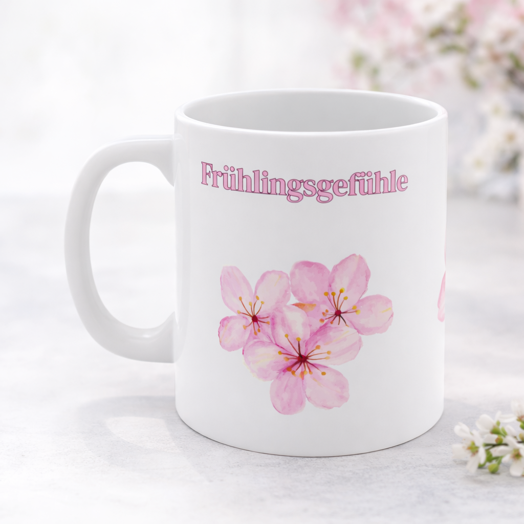 Weiße Keramiktasse mit dem Schriftzug „Frühlingsgefühle“ und zarten rosa Aquarell-Blüten – 300-ml-Tasse mit frühlingshaftem Blumenmotiv.