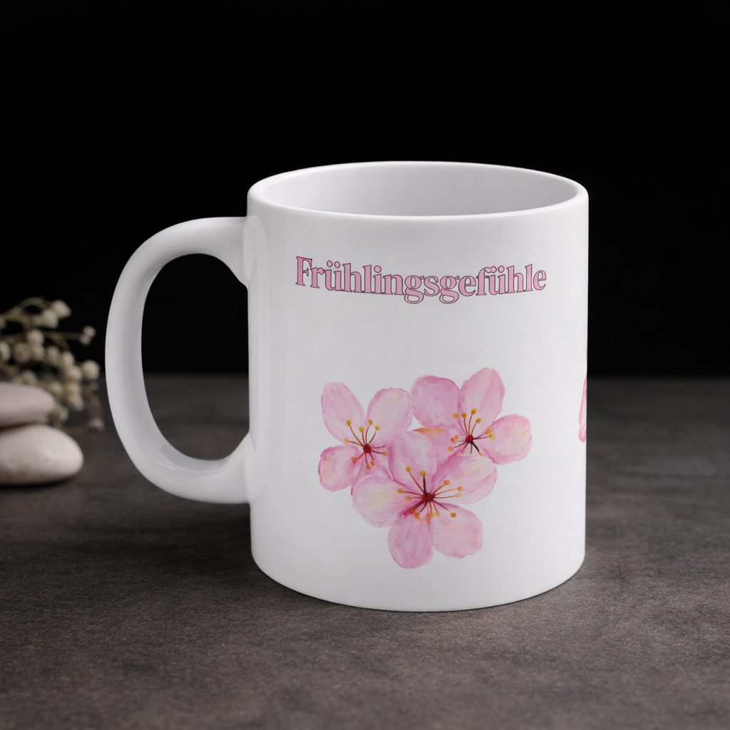 Weiße Keramiktasse mit dem Schriftzug „Frühlingsgefühle“ und zarten rosa Aquarell-Blüten – 300-ml-Tasse mit frühlingshaftem Blumenmotiv.