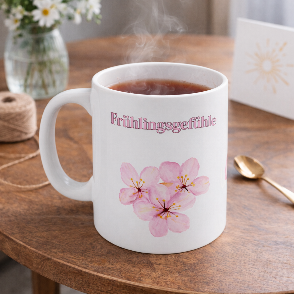 Weiße Keramiktasse mit dem Schriftzug „Frühlingsgefühle“ und zarten rosa Aquarell-Blüten – 300-ml-Tasse mit frühlingshaftem Blumenmotiv.