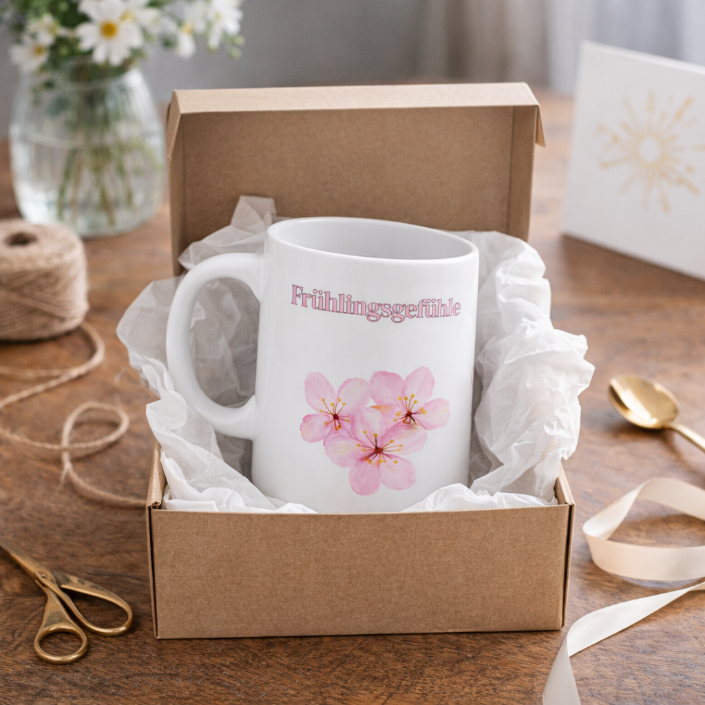 Weiße Keramiktasse mit dem Schriftzug „Frühlingsgefühle“ und zarten rosa Aquarell-Blüten – 300-ml-Tasse mit frühlingshaftem Blumenmotiv.
