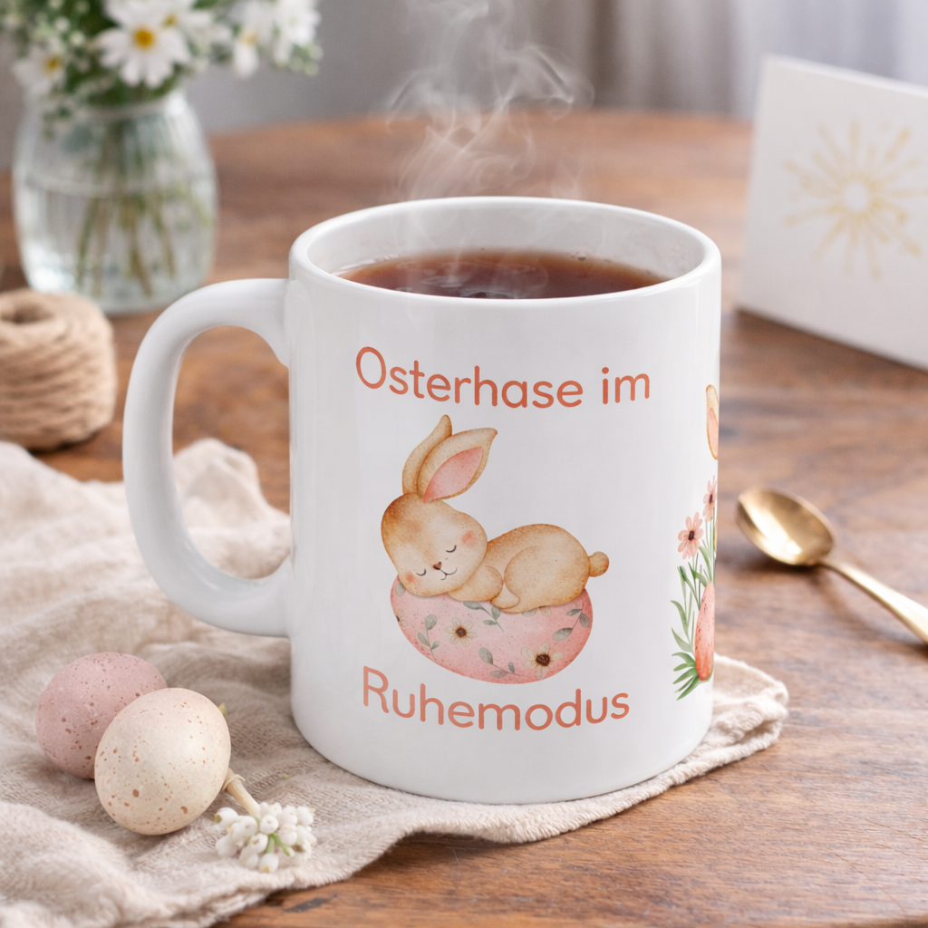 Weiße Keramiktasse mit dem Spruch „Osterhase im Ruhemodus“ und einem niedlichen schlafenden Aquarell-Hasen auf einem Osterei – 300-ml-Keramiktasse für Ostern.