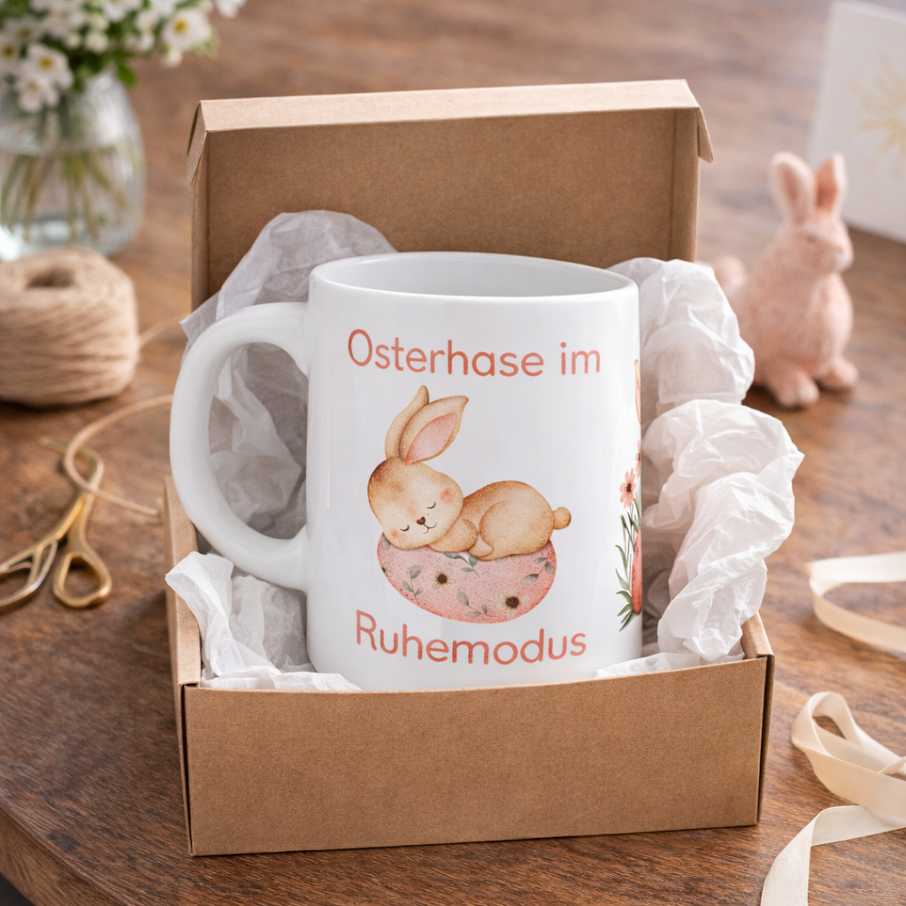 Weiße Keramiktasse mit dem Spruch „Osterhase im Ruhemodus“ und einem niedlichen schlafenden Aquarell-Hasen auf einem Osterei – 300-ml-Keramiktasse für Ostern.
