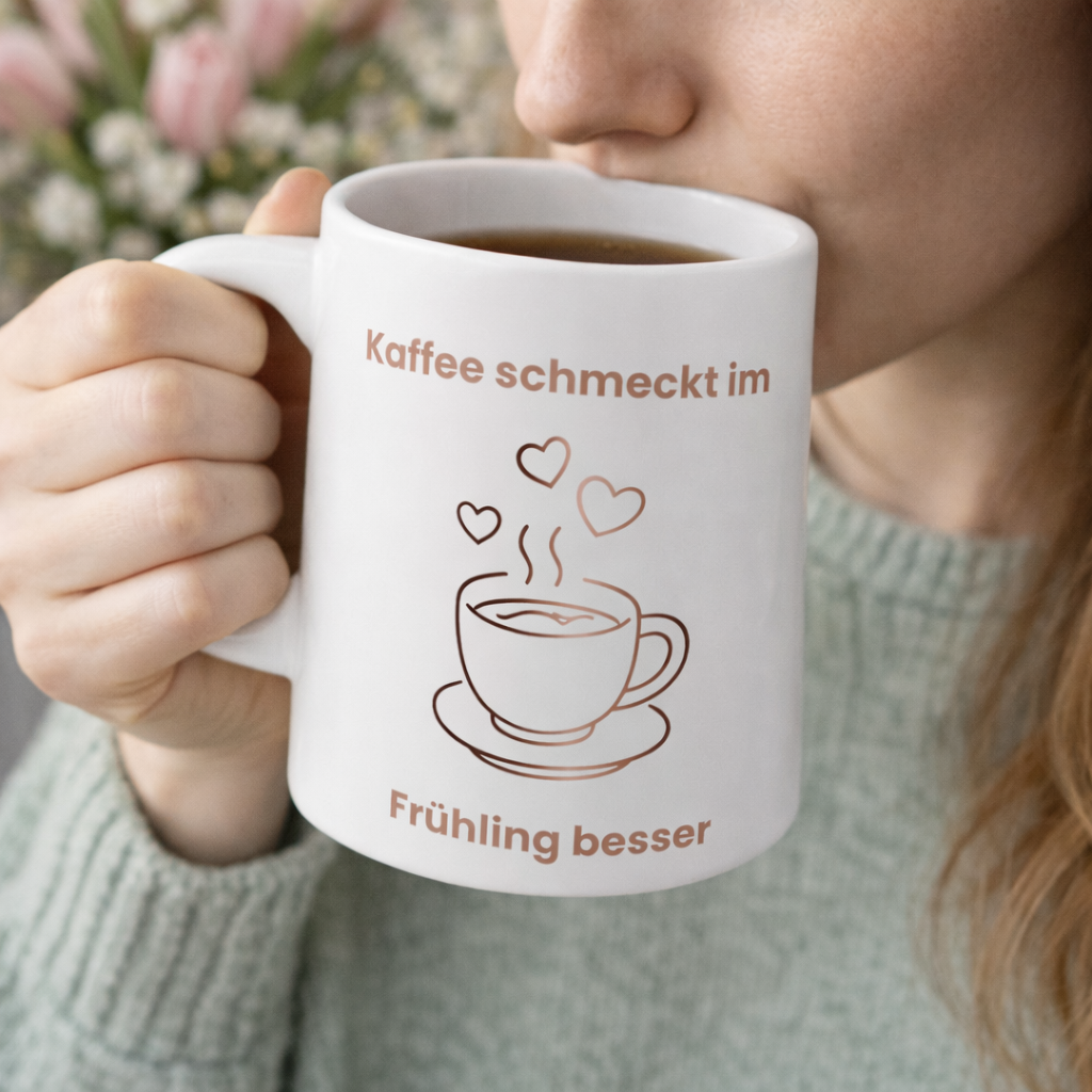 Weiße Keramiktasse mit dem Spruch „Kaffee schmeckt im Frühling besser“, einer minimalistischen Kaffeetasse, Kaffeebohnen und Herzmotiven in warmen Braun- und Rosatönen.
