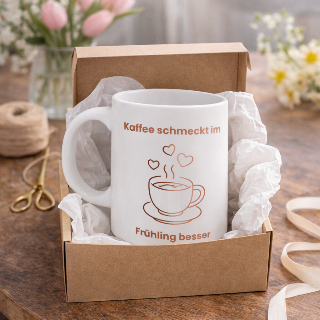 Weiße Keramiktasse mit dem Spruch „Kaffee schmeckt im Frühling besser“, einer minimalistischen Kaffeetasse, Kaffeebohnen und Herzmotiven in warmen Braun- und Rosatönen.