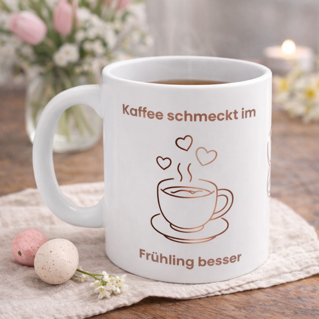 Weiße Keramiktasse mit dem Spruch „Kaffee schmeckt im Frühling besser“, einer minimalistischen Kaffeetasse, Kaffeebohnen und Herzmotiven in warmen Braun- und Rosatönen.