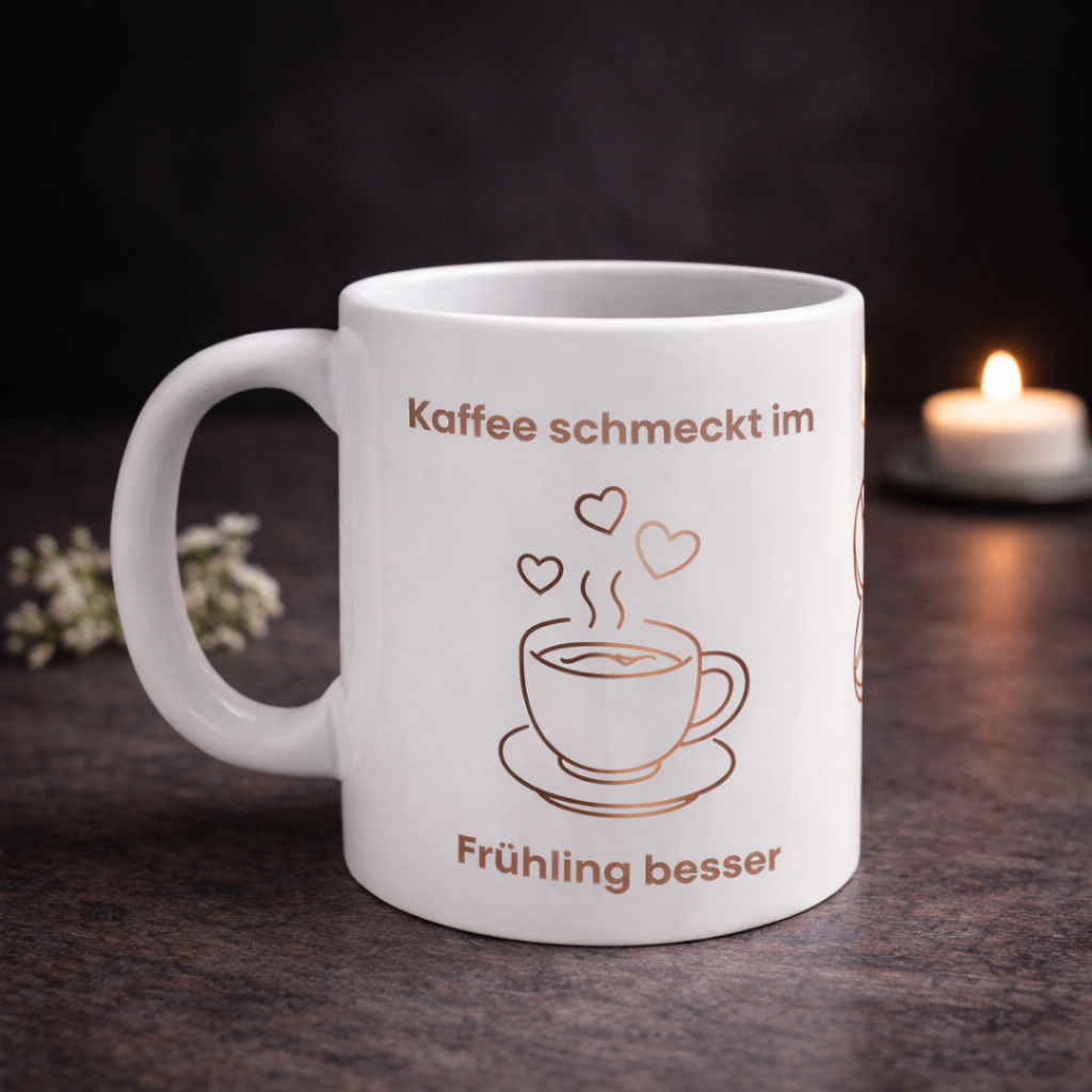 Weiße Keramiktasse mit dem Spruch „Kaffee schmeckt im Frühling besser“, einer minimalistischen Kaffeetasse, Kaffeebohnen und Herzmotiven in warmen Braun- und Rosatönen.