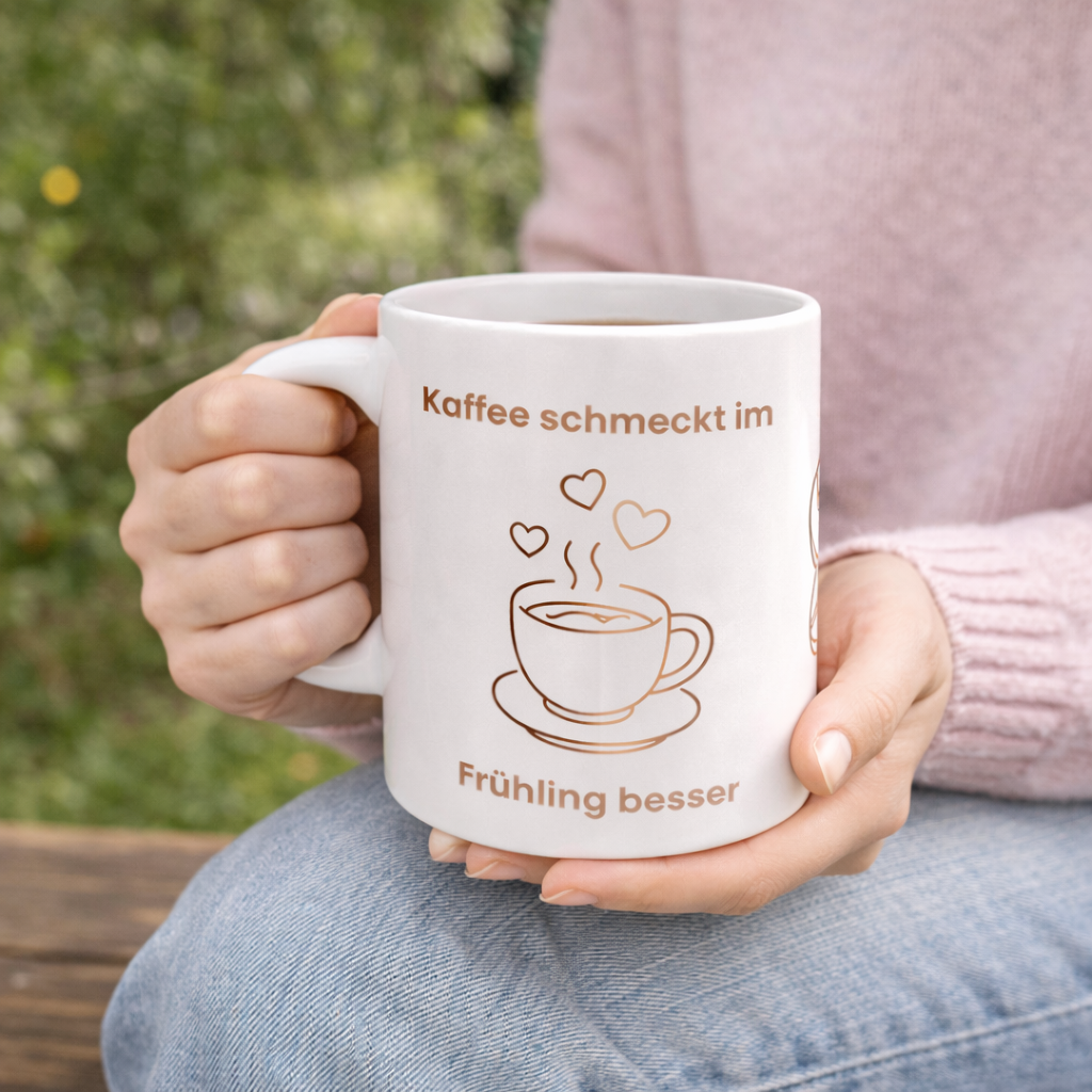 Weiße Keramiktasse mit dem Spruch „Kaffee schmeckt im Frühling besser“, einer minimalistischen Kaffeetasse, Kaffeebohnen und Herzmotiven in warmen Braun- und Rosatönen.