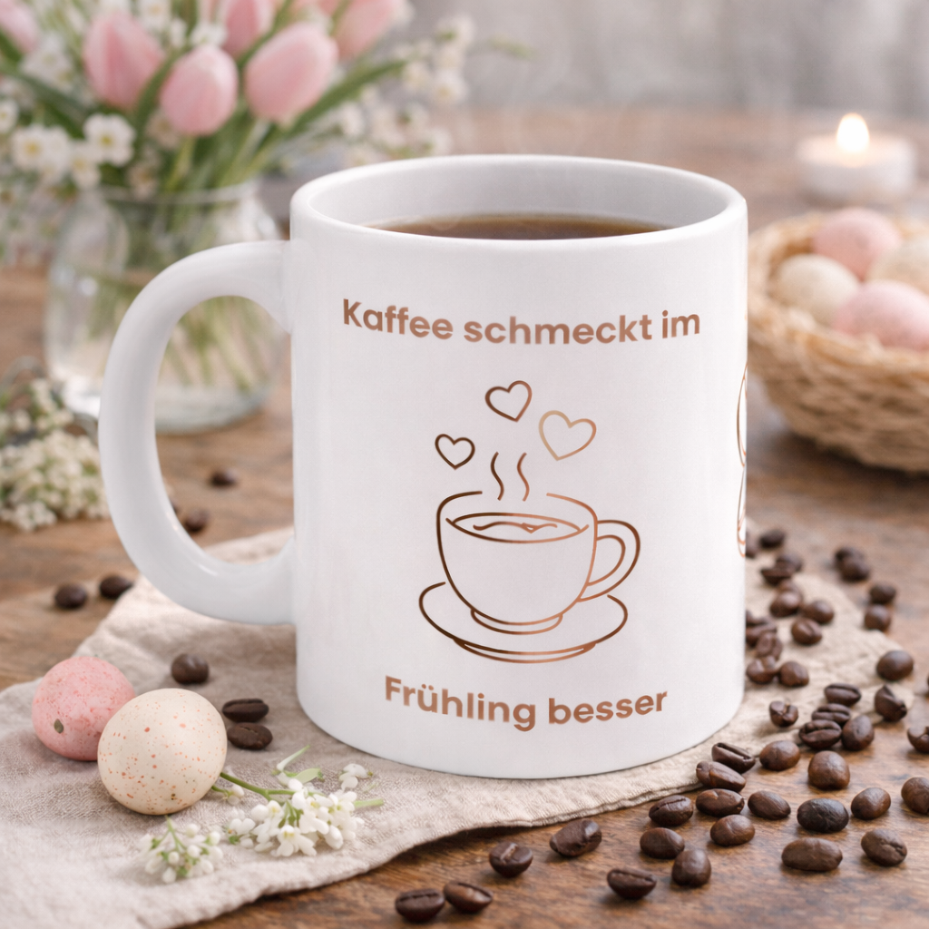 Weiße Keramiktasse mit dem Spruch „Kaffee schmeckt im Frühling besser“, einer minimalistischen Kaffeetasse, Kaffeebohnen und Herzmotiven in warmen Braun- und Rosatönen.