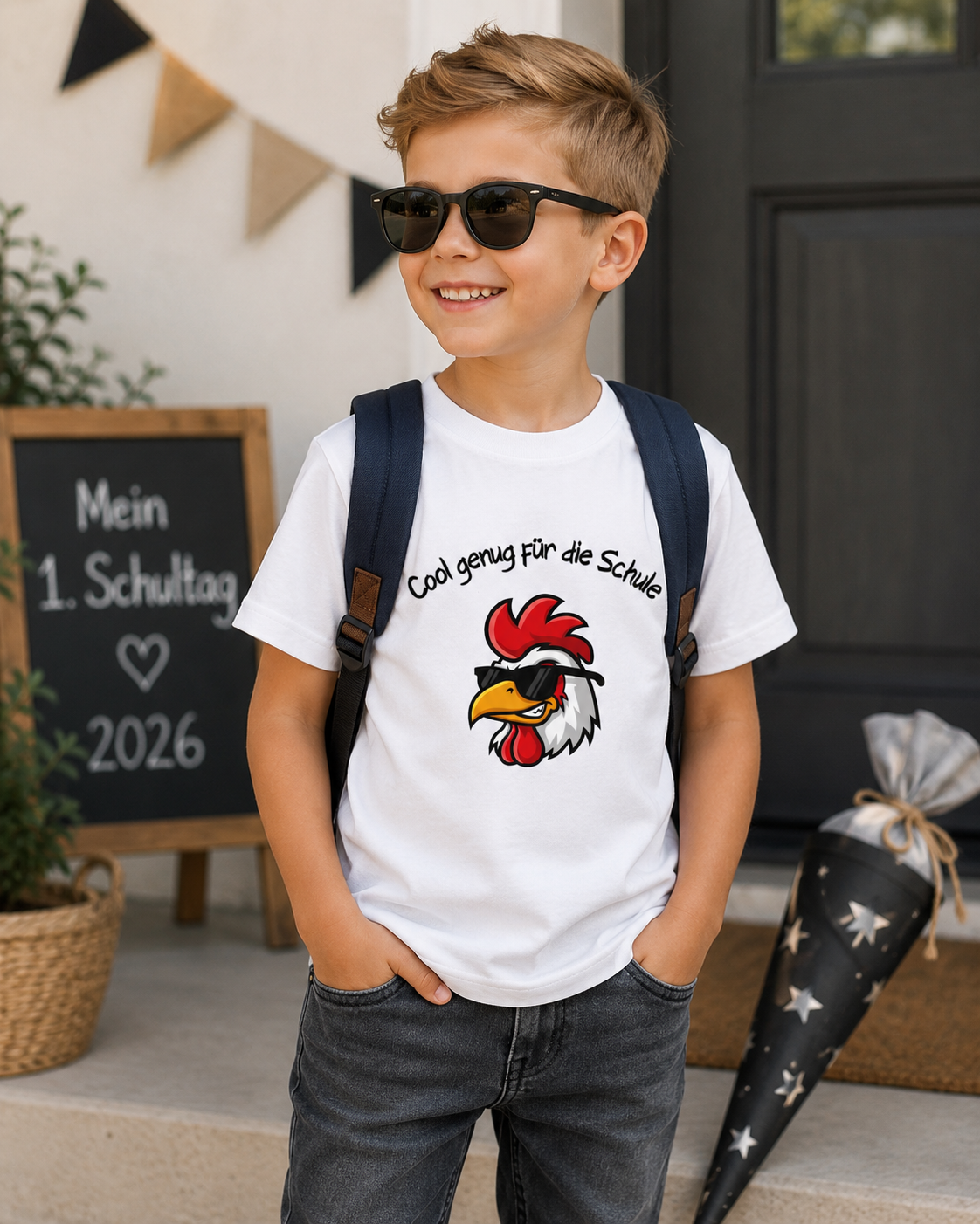 Cool genug für die Schule Kinder T-Shirt | Einschulung Jungen 2026 | Lustiges Schulstart Shirt mit Huhn