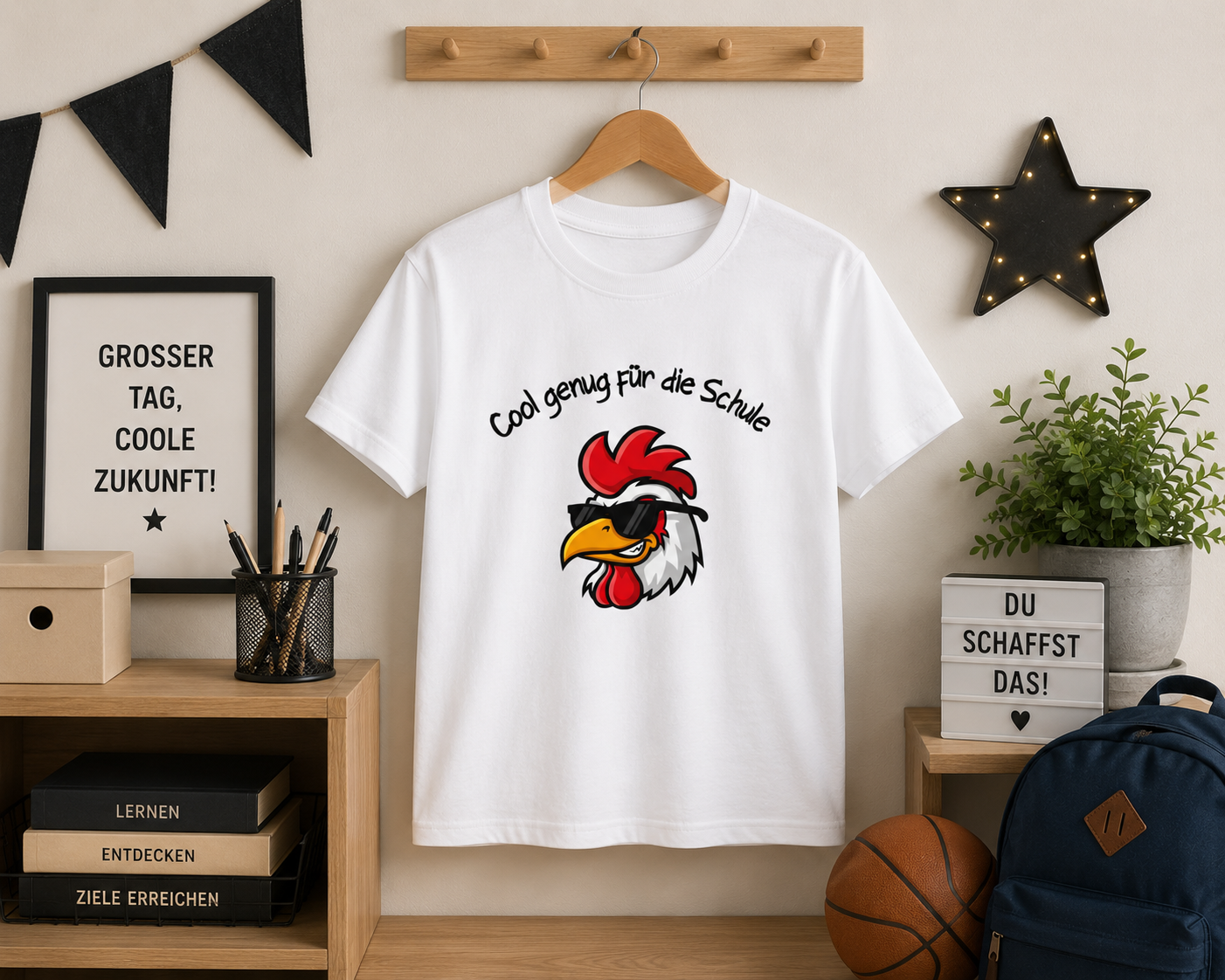 Cool genug für die Schule Kinder T-Shirt | Einschulung Jungen 2026 | Lustiges Schulstart Shirt mit Huhn