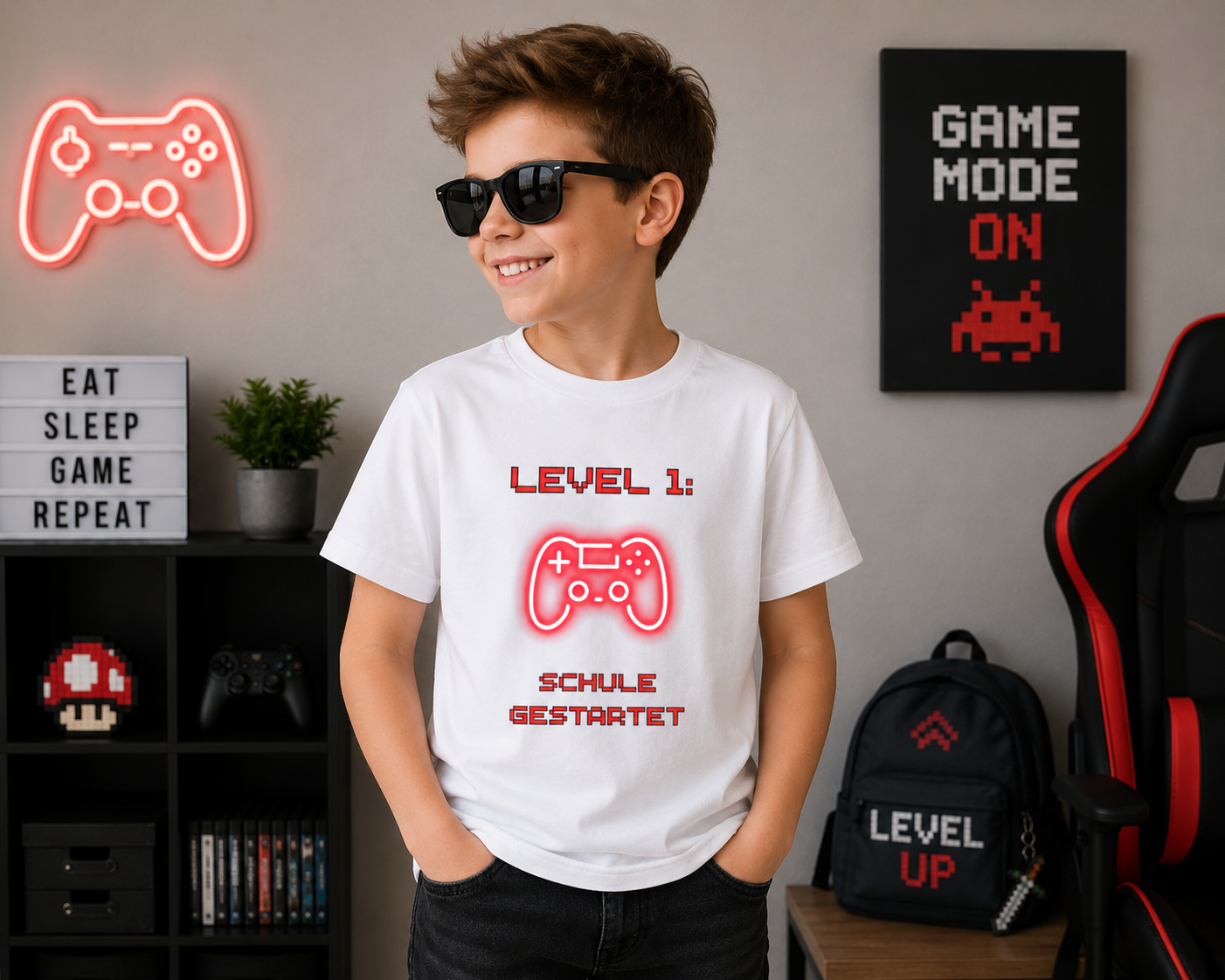 Level 1 Schule gestartet Kinder T-Shirt | Gamer Einschulung Jungen | Cooles Schulstart Shirt 2026