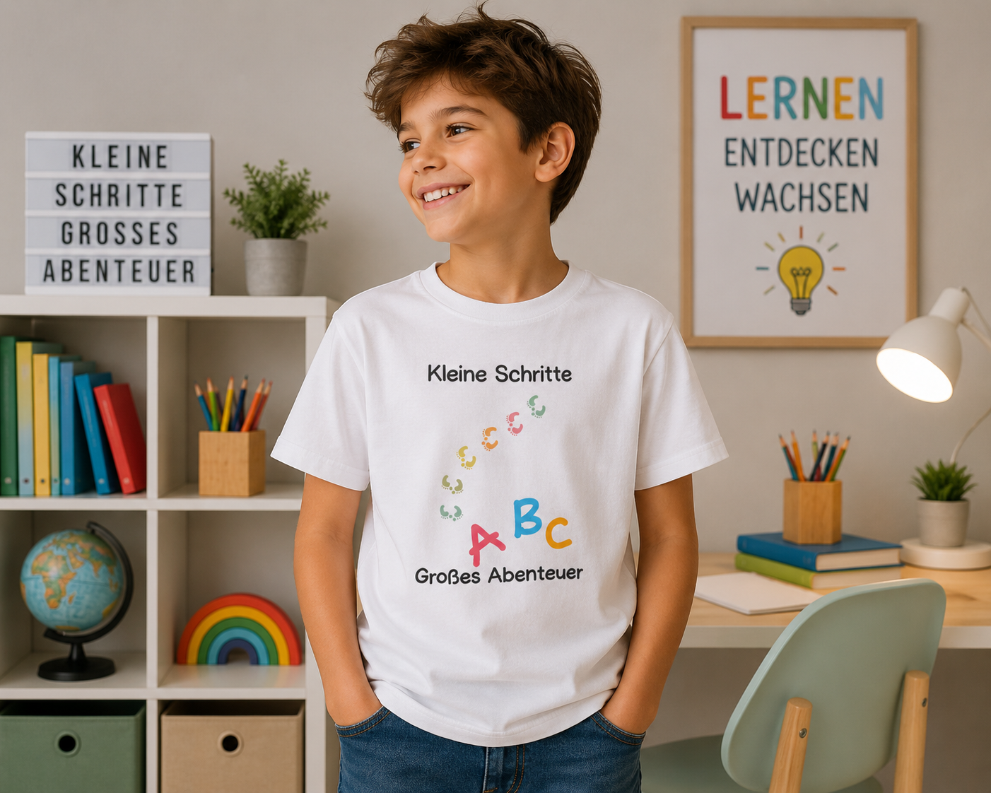Kleine Schritte Großes Abenteuer Kinder T-Shirt | Einschulung Jungen & Mädchen | Schulstart Shirt ABC