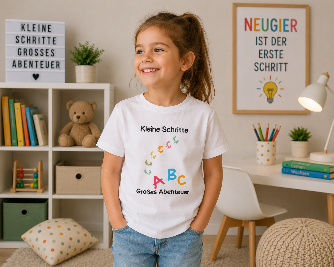 Kleine Schritte Großes Abenteuer Kinder T-Shirt | Einschulung Jungen & Mädchen | Schulstart Shirt ABC