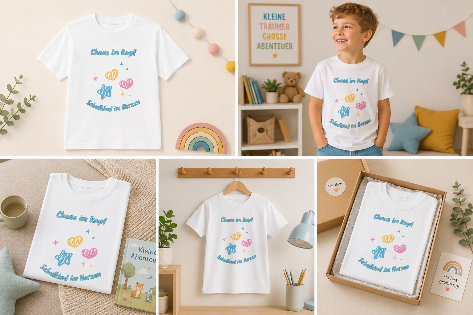 Chaos im Kopf Schulkind im Herzen Kinder T-Shirt | Einschulung Jungen & Mädchen | Lustiges Schulstart Shirt
