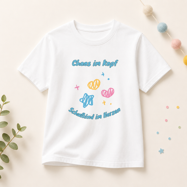 Chaos im Kopf Schulkind im Herzen Kinder T-Shirt | Einschulung Jungen & Mädchen | Lustiges Schulstart Shirt