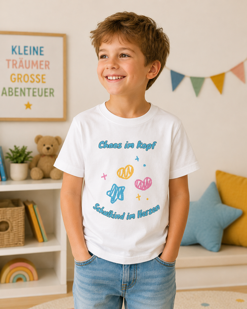 Chaos im Kopf Schulkind im Herzen Kinder T-Shirt | Einschulung Jungen & Mädchen | Lustiges Schulstart Shirt