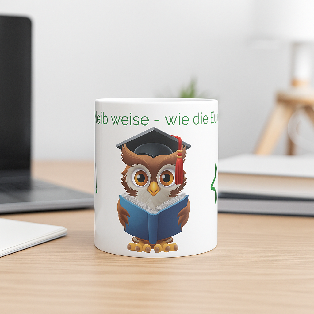 Weiße 330 ml Keramiktasse mit einer niedlichen Eule im Doktorhut, die ein Buch liest, und dem Spruch „Bleib weise – wie die Eule“ – motivierende Geschenktasse für Lehrer, Schüler und Bücherfans.