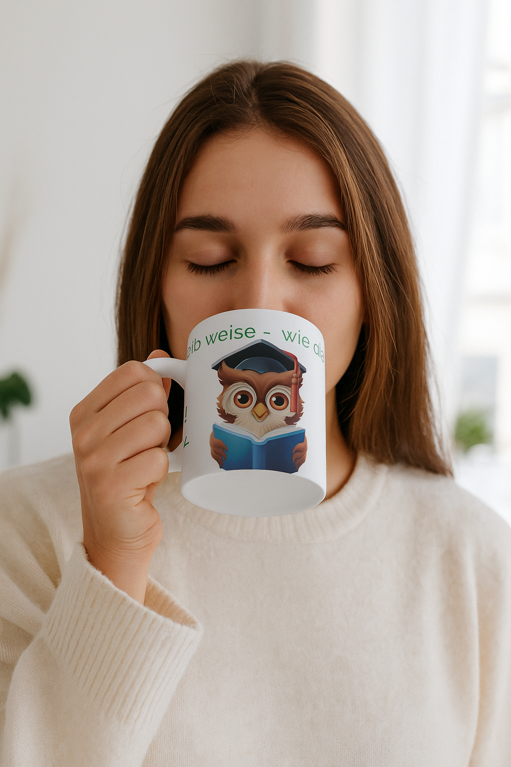 Weiße 330 ml Keramiktasse mit einer niedlichen Eule im Doktorhut, die ein Buch liest, und dem Spruch „Bleib weise – wie die Eule“ – motivierende Geschenktasse für Lehrer, Schüler und Bücherfans.