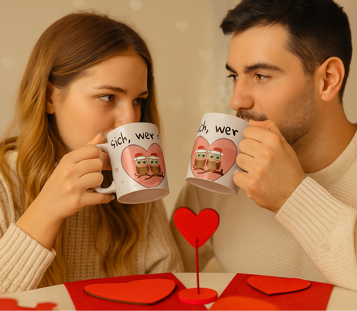 Weiße 330 ml Keramiktasse mit dem Spruch „Eulen sich, wer sich liebt“ sowie zwei niedlichen Eulen in einem rosa Herz – romantische Geschenktasse für Paare.
