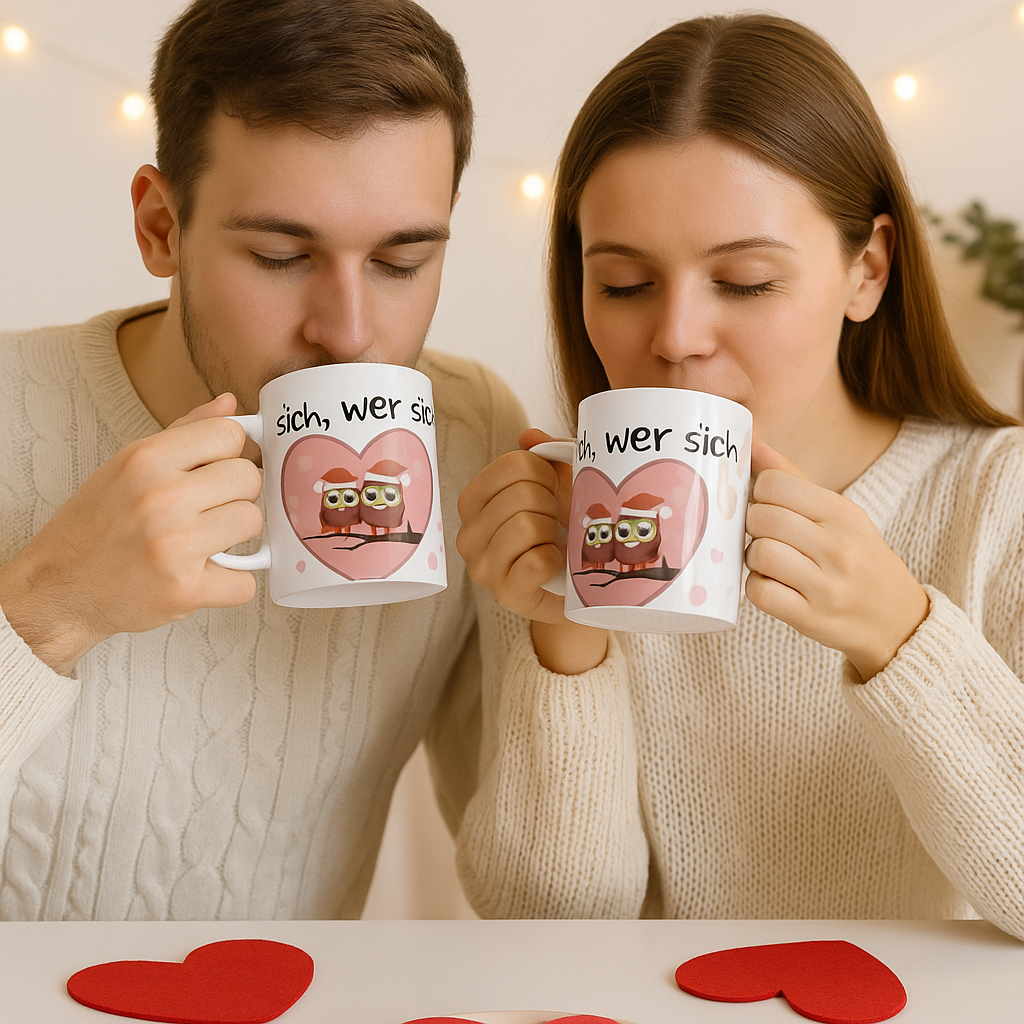 Weiße 330 ml Keramiktasse mit dem Spruch „Eulen sich, wer sich liebt“ sowie zwei niedlichen Eulen in einem rosa Herz – romantische Geschenktasse für Paare.