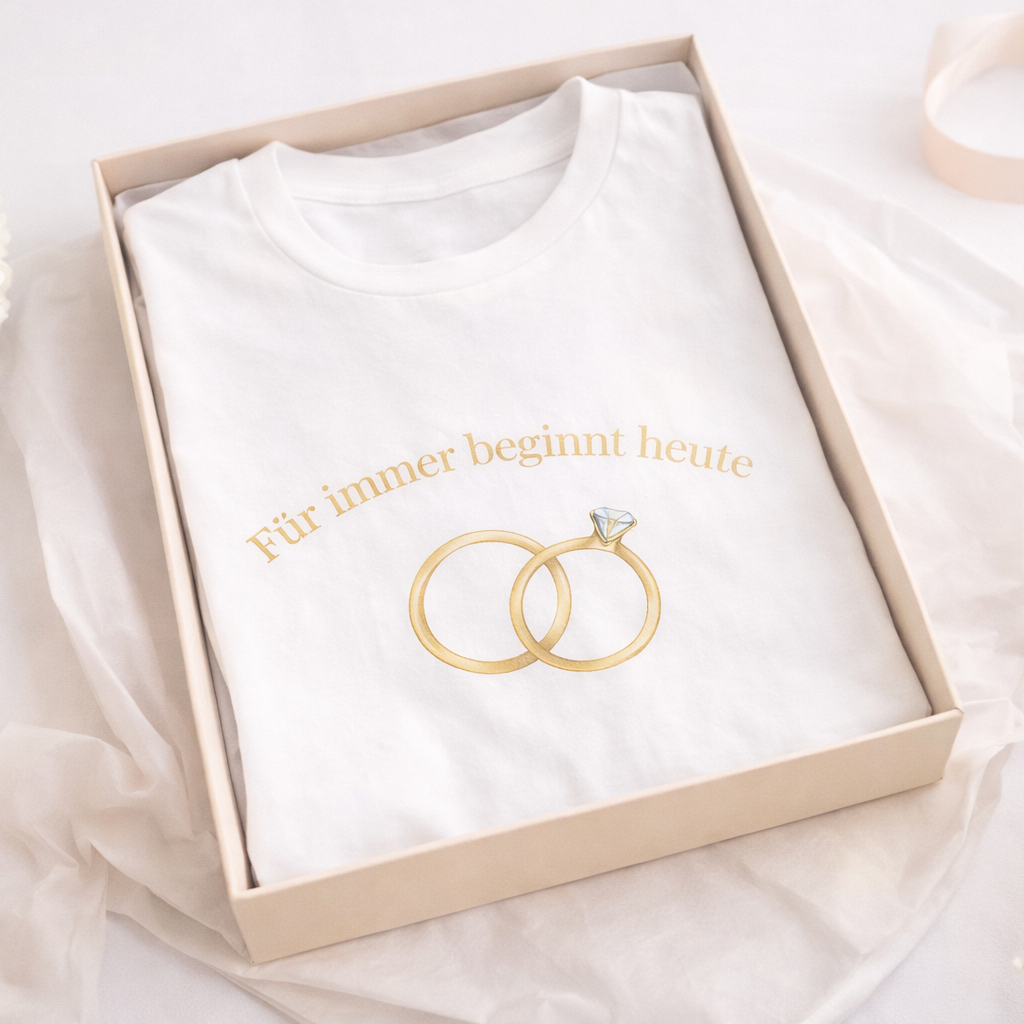 Unisex T-Shirt mit dem Schriftzug „Für immer beginnt heute“ und zwei goldenen Eheringen – romantisches Hochzeitsdesign für Brautpaare.