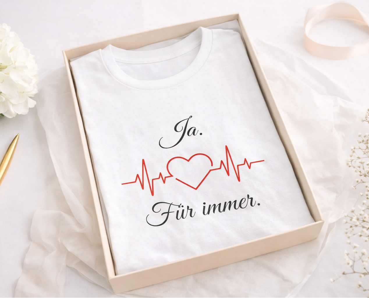 Weißes Unisex T-Shirt mit dem Schriftzug „Ja. Für immer.“ und roter Herzschlaglinie mit Herzsymbol – romantisches Design zur Hochzeit oder Verlobung.