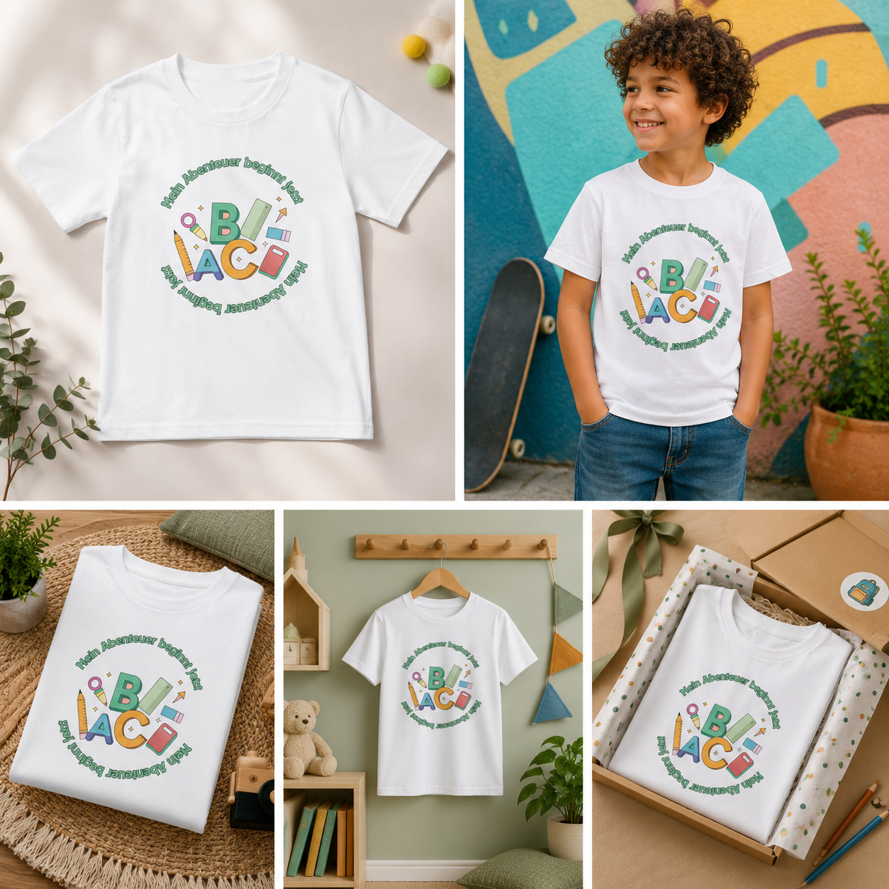 Mein Abenteuer beginnt jetzt Kinder T-Shirt | Einschulung Jungen & Mädchen | Schulstart Shirt mit ABC Motiv