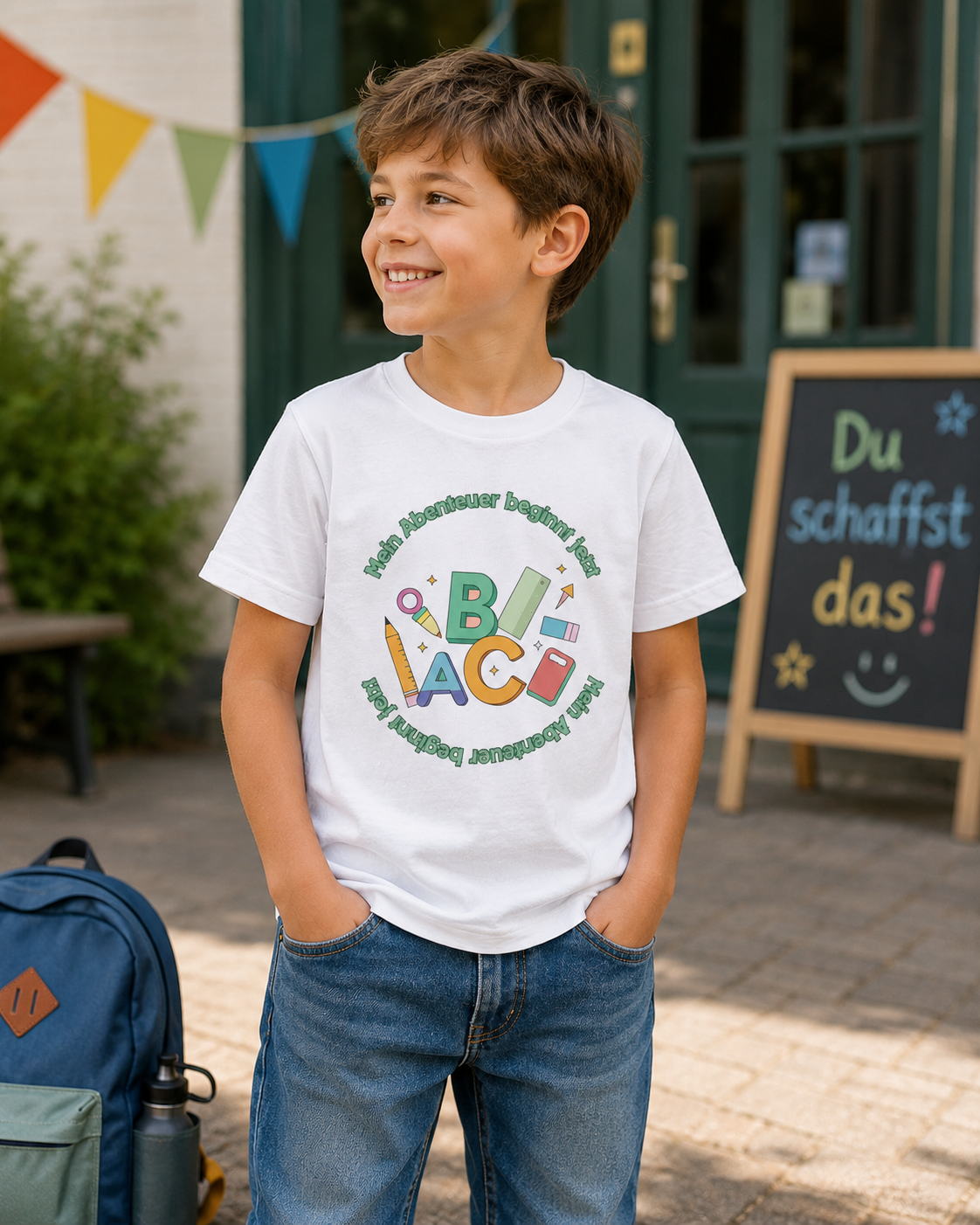 Mein Abenteuer beginnt jetzt Kinder T-Shirt | Einschulung Jungen & Mädchen | Schulstart Shirt mit ABC Motiv
