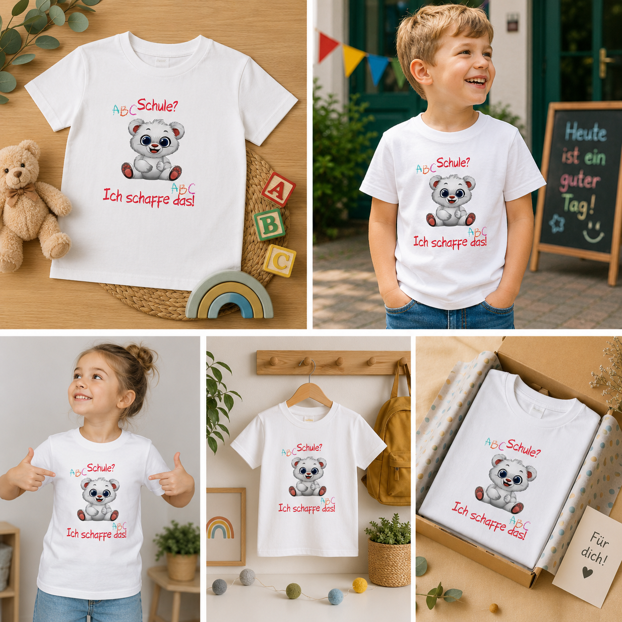 Schule? Ich schaffe das! Kinder T-Shirt | Einschulung Jungen & Mädchen | Süßes Schulstart Shirt mit Bär