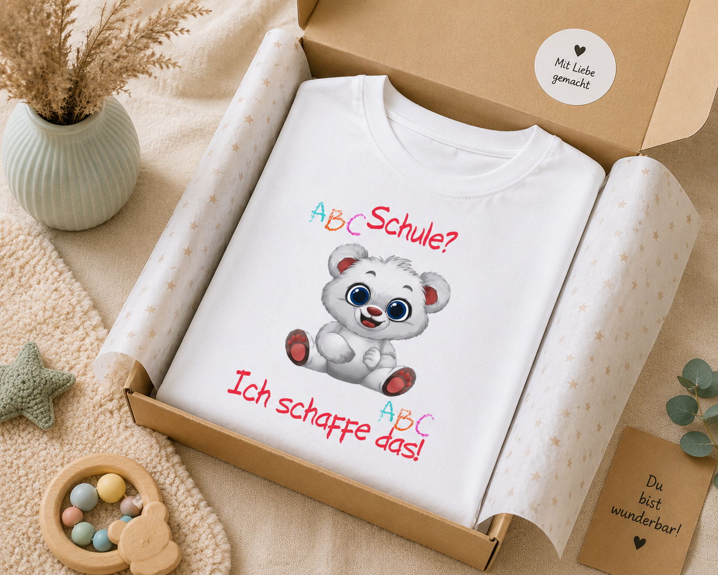 Schule? Ich schaffe das! Kinder T-Shirt | Einschulung Jungen & Mädchen | Süßes Schulstart Shirt mit Bär