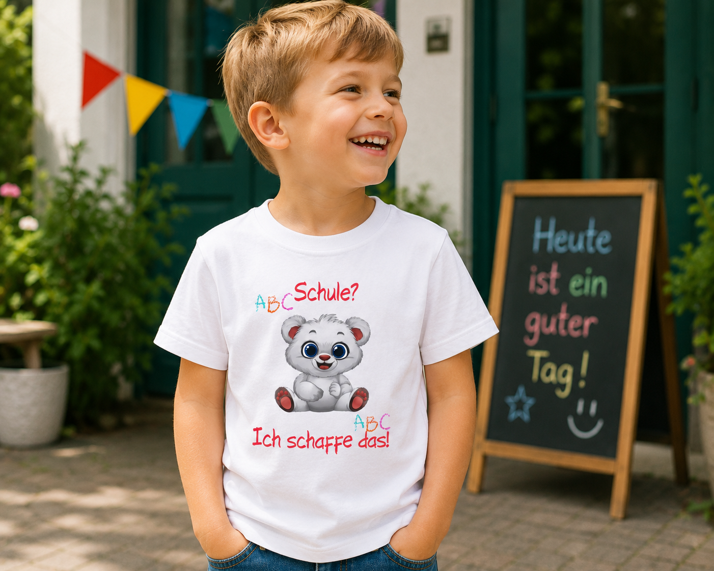 Schule? Ich schaffe das! Kinder T-Shirt | Einschulung Jungen & Mädchen | Süßes Schulstart Shirt mit Bär