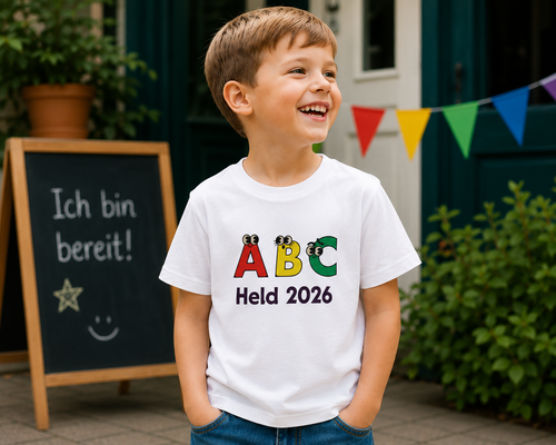 ABC Held 2026 Kinder T-Shirt | Einschulung Jungen & Mädchen | Süßes Schulstart Shirt mit ABC Motiv