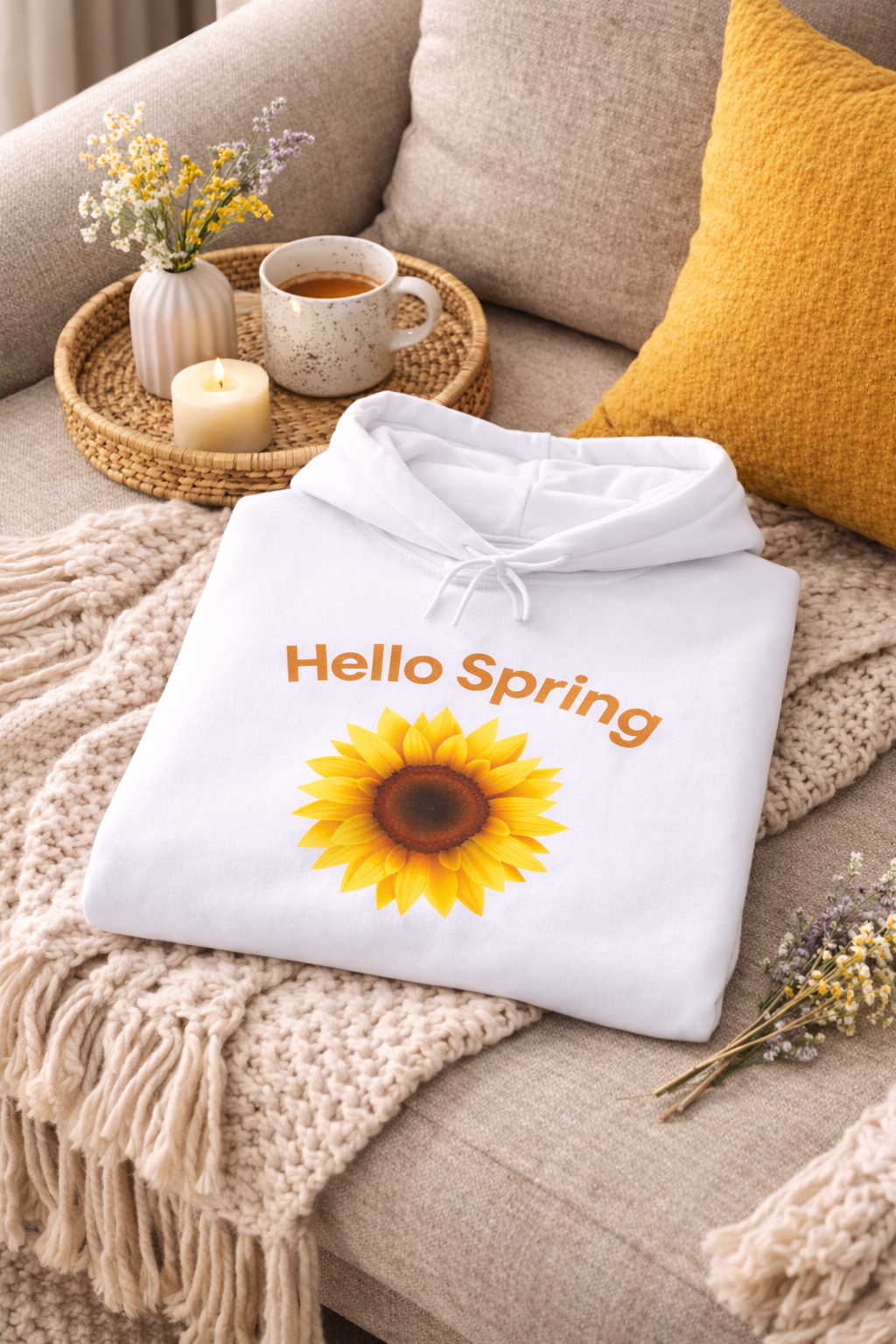 Hello Spring Hoodie mit Sonnenblume – Frühlings Hoodie Damen – Gemütlicher Blumen Hoodie