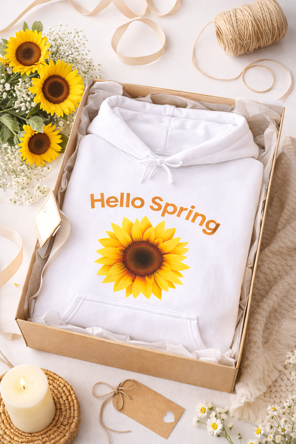 Hello Spring Hoodie mit Sonnenblume – Frühlings Hoodie Damen – Gemütlicher Blumen Hoodie