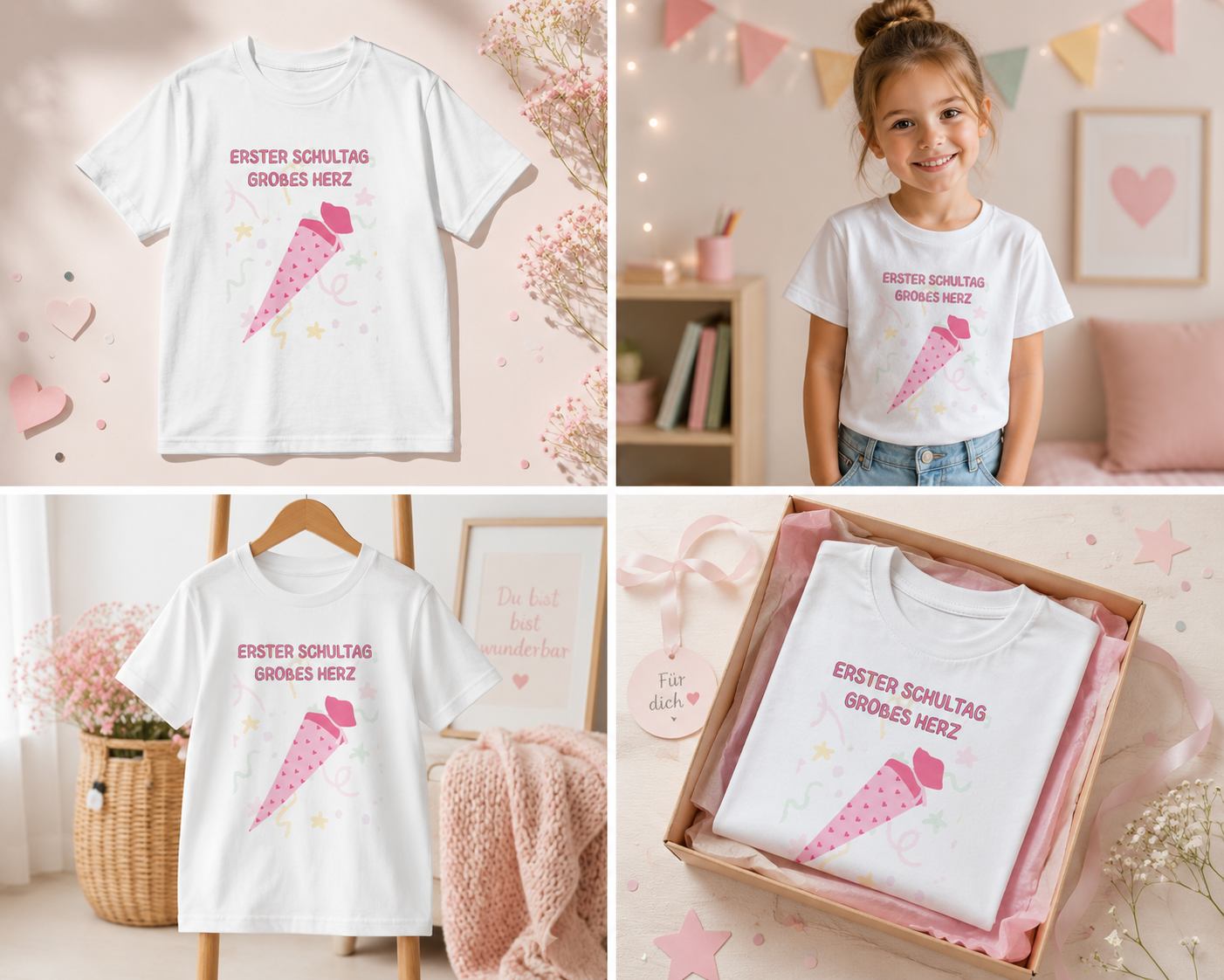 Erster Schultag Großes Herz Kinder T-Shirt | Einschulung Mädchen | Süßes Schulstart Shirt mit Schultüte