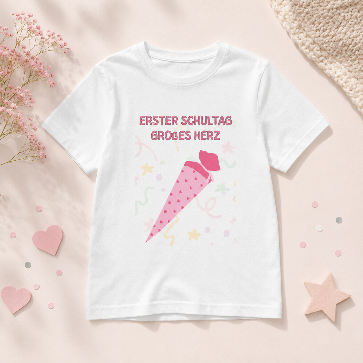 Erster Schultag Großes Herz Kinder T-Shirt | Einschulung Mädchen | Süßes Schulstart Shirt mit Schultüte