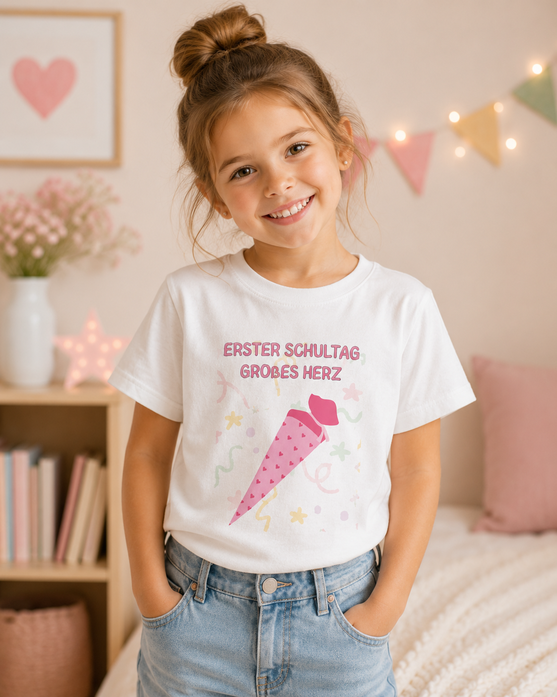 Erster Schultag Großes Herz Kinder T-Shirt | Einschulung Mädchen | Süßes Schulstart Shirt mit Schultüte