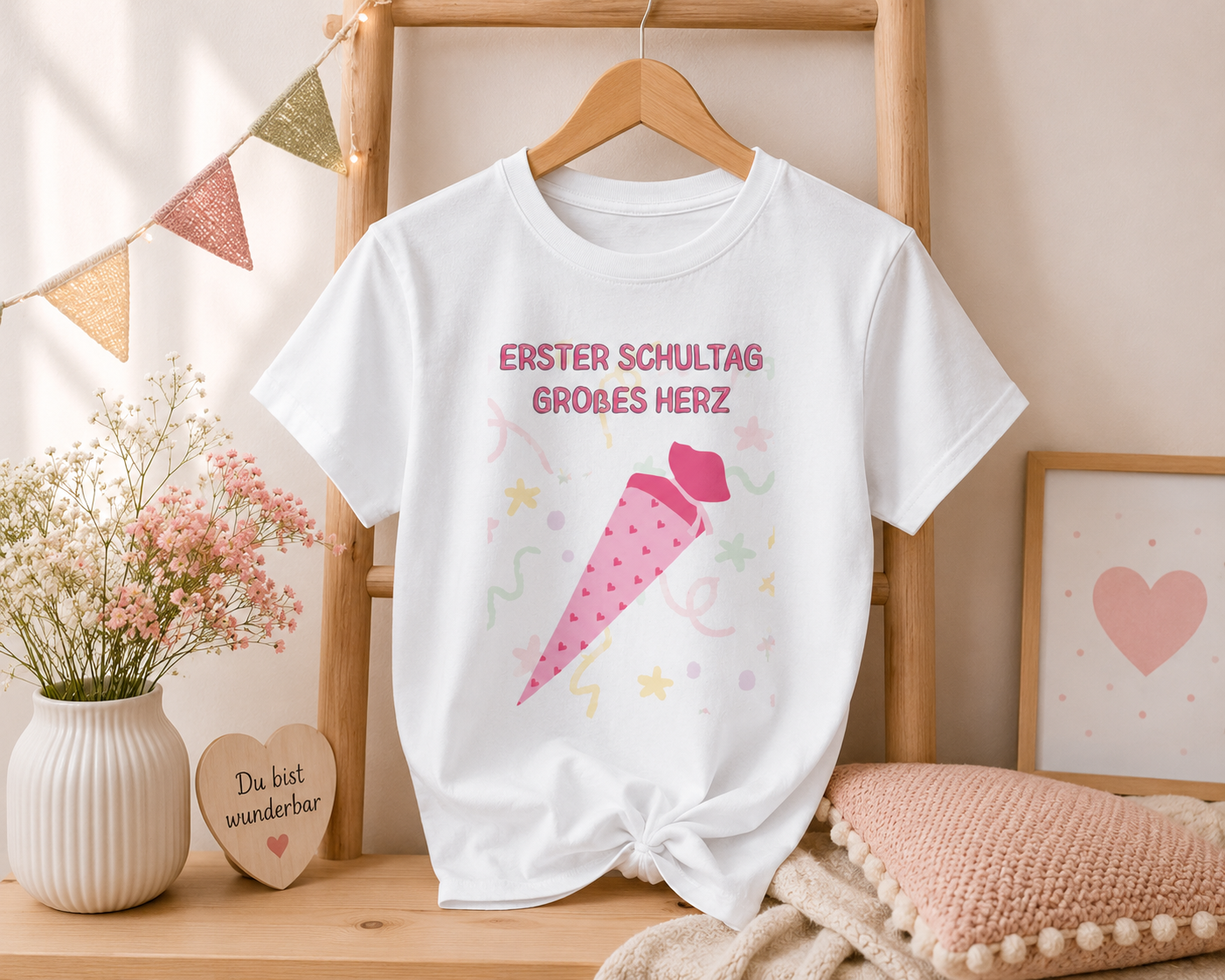 Erster Schultag Großes Herz Kinder T-Shirt | Einschulung Mädchen | Süßes Schulstart Shirt mit Schultüte