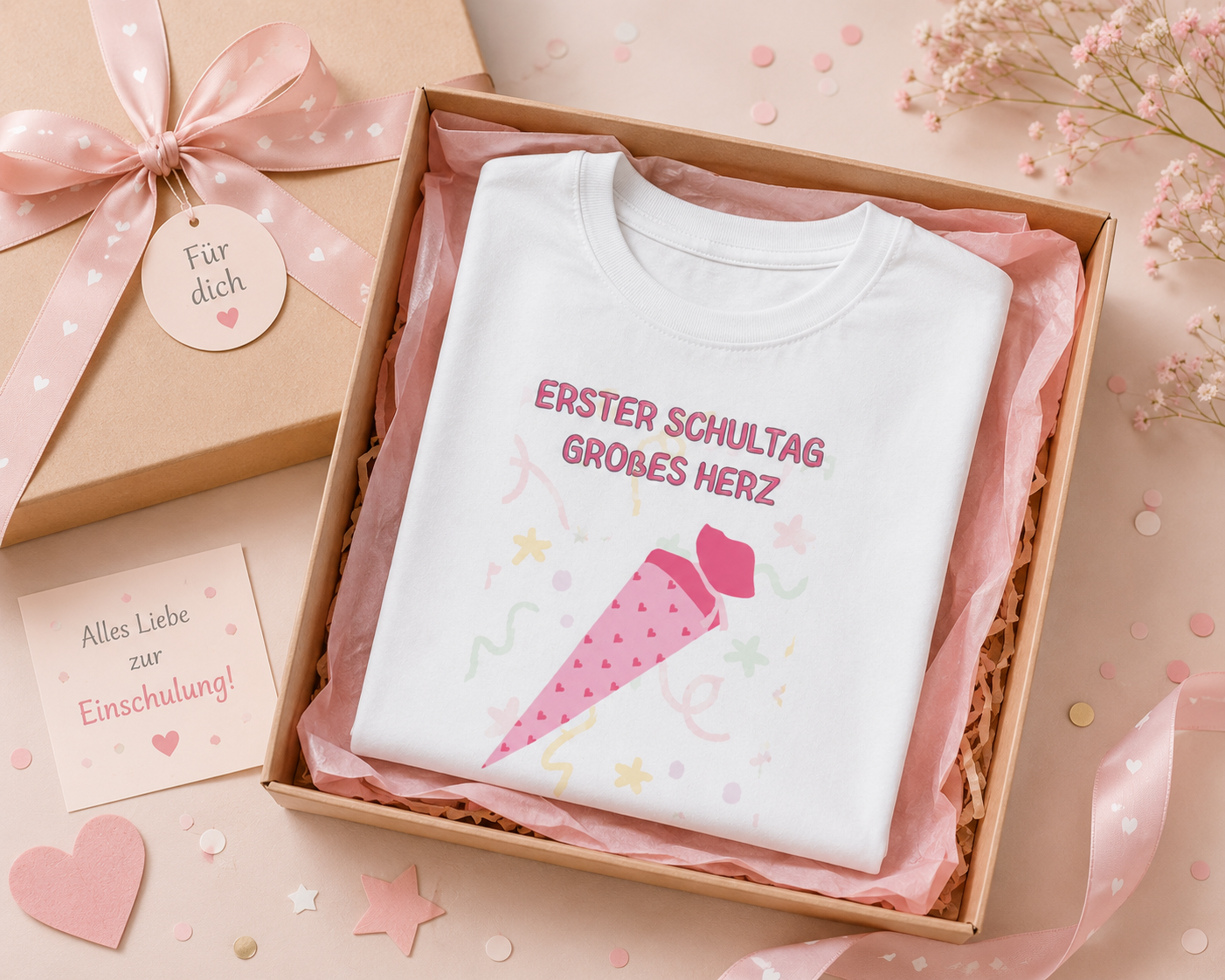 Erster Schultag Großes Herz Kinder T-Shirt | Einschulung Mädchen | Süßes Schulstart Shirt mit Schultüte
