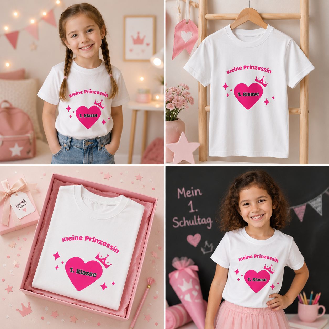 Kleine Prinzessin 1. Klasse Kinder T-Shirt | Einschulung Mädchen | Süßes Schulstart Shirt mit Herz