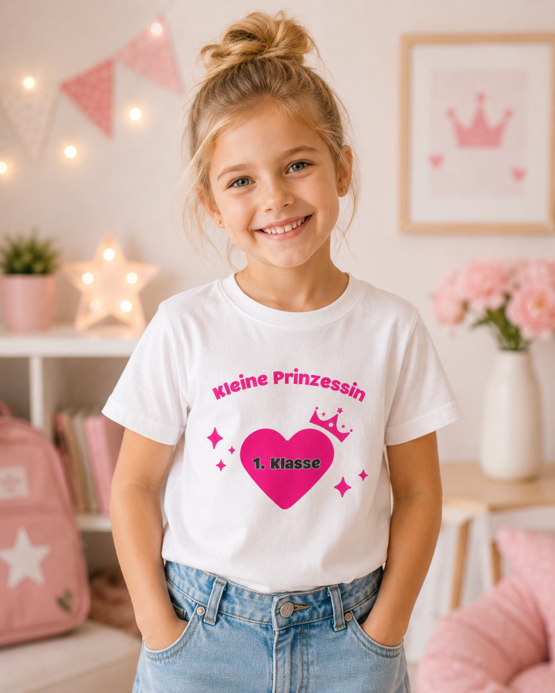 Kleine Prinzessin 1. Klasse Kinder T-Shirt | Einschulung Mädchen | Süßes Schulstart Shirt mit Herz