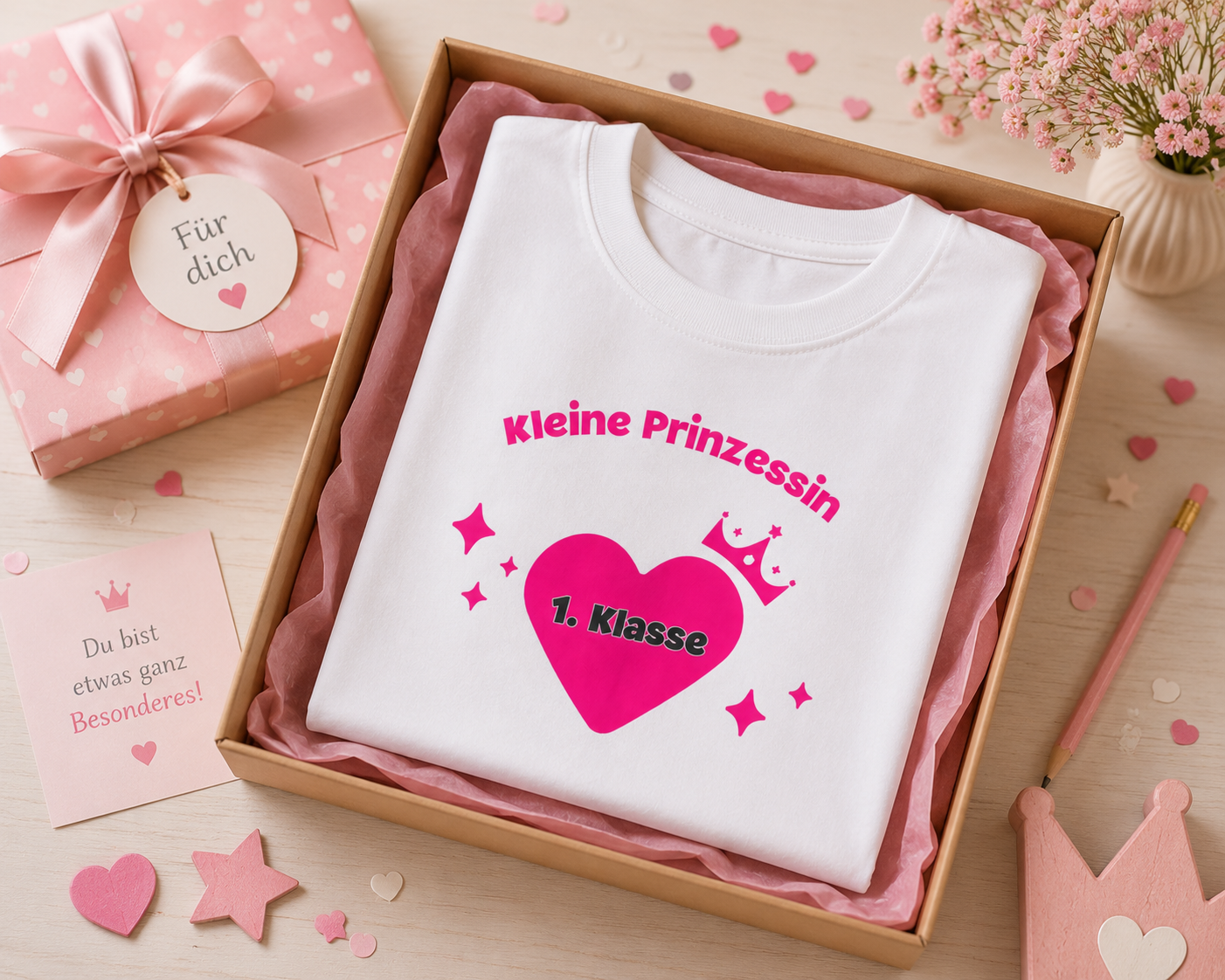 Kleine Prinzessin 1. Klasse Kinder T-Shirt | Einschulung Mädchen | Süßes Schulstart Shirt mit Herz